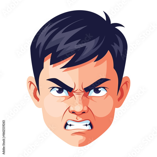 Aggressive Angry Face: An intense illustration of a person's face expressing anger, showcasing furrowed brows, clenched teeth, and a look of extreme aggression, vividly conveying raw emotion.