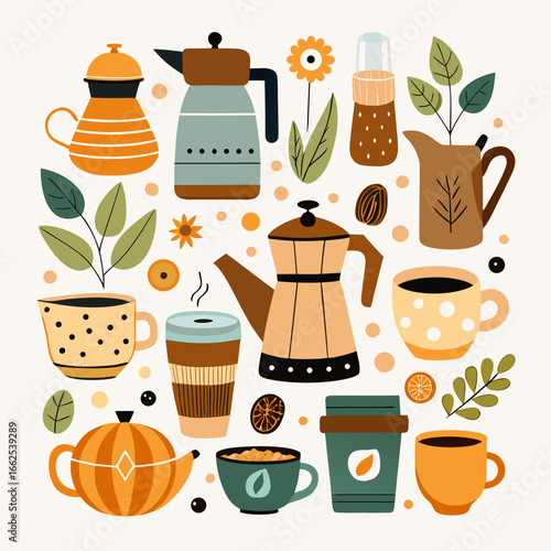 Cozy coffee and tea collection with moka pots and cups