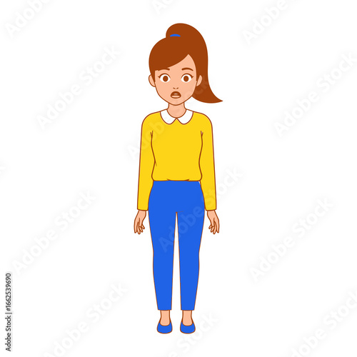 Uncertainty of a Women: a youthful woman stands, her facial expression betrays a sense of confusion, highlighting her pensive mood and the depth of her emotions.
