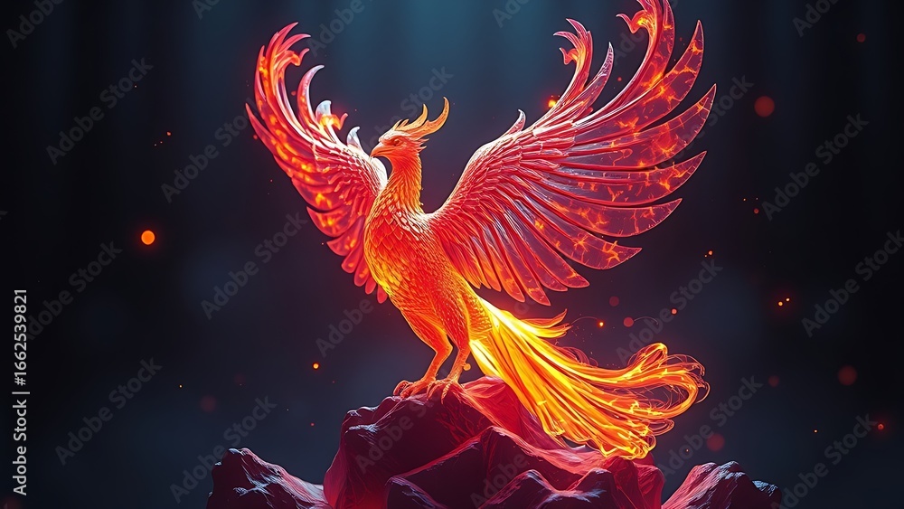 Obraz premium Molecular structure morphing into a fiery phoenix rising from scaled patterns.