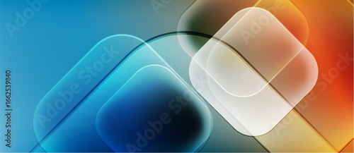 Abstract shapes overlap, creating vibrant color gradients. Blue transitions to orange, suggesting depth, movement, modern design.