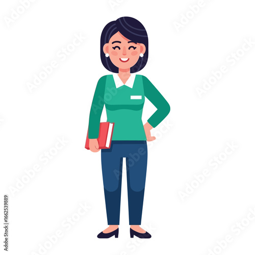 Smiling Woman Holding Book: A vibrant illustration depicts a cheerful woman, clutching a red book. Her posture reflects confidence and approachability.