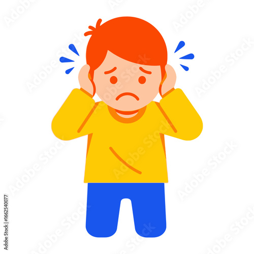 Overwhelmed Child: A child, overwhelmed by loud noise, covers his ears in a state of distress. Vivid illustration of the challenge children face.