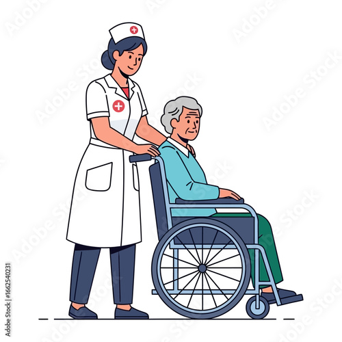 Compassionate Care: A healthcare professional assists an elderly person in a wheelchair, emphasizing the importance of care and well-being.