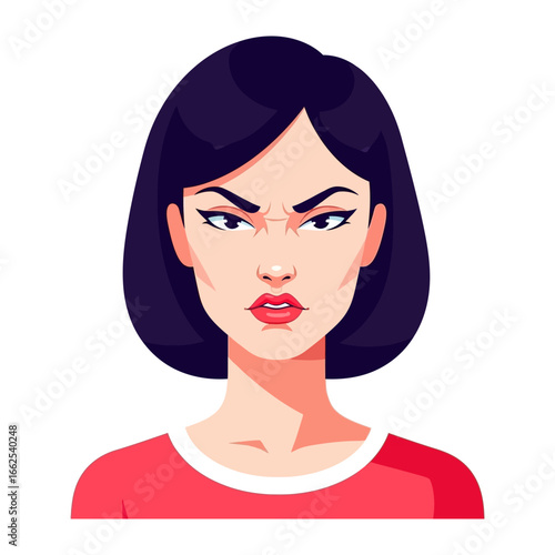 Irritated Woman's Intense Gaze: An illustrated portrait captures the essence of feminine irritation, highlighting a woman's intense, judgmental expression and furrowed brow.