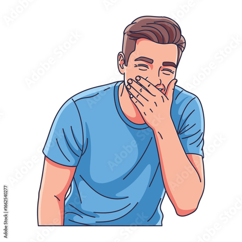 Man's Joyful Cover-Up: A cheerful man, radiating happiness, conceals his mirth with a hand over his mouth in an inviting illustration. 