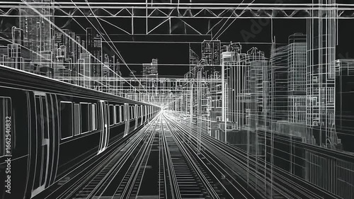 Wallpaper Mural Futuristic subway train navigating through a digital cityscape with intricate line art and structures Torontodigital.ca