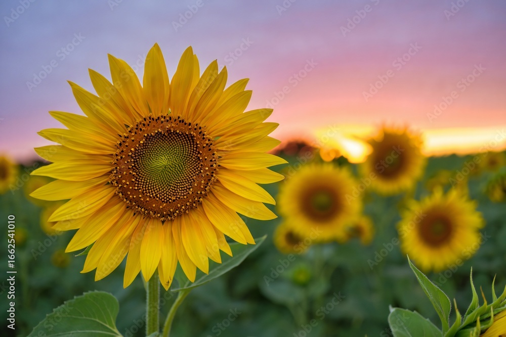 Fototapeta premium Nature Background Vibrant Sunflower at Sunset in a Field of Blooming Sunflowers