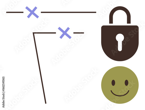 Intersecting lines with blue crosses, a black padlock, and green smiling face. Ideal for security, access, privacy, positivity, safety simplicity communication. Minimalist design simple flat