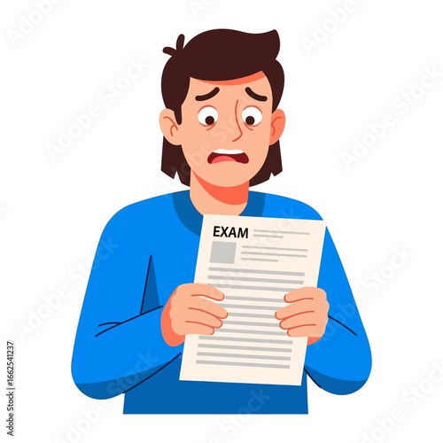 Exam Anxiety: A student is in distress, his face etched with worry, holding an exam paper that evokes stress. This illustration captures the raw emotion.