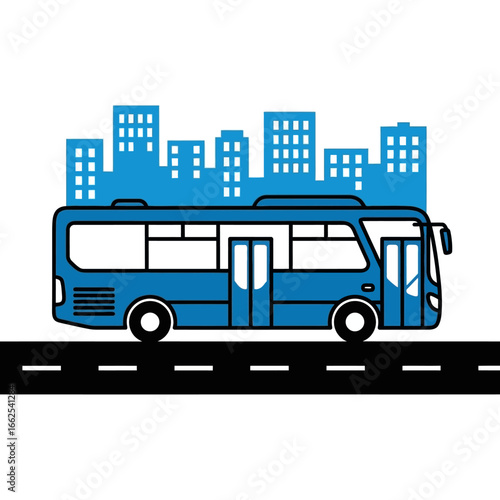 Blue city bus on a road with cityscape background.
