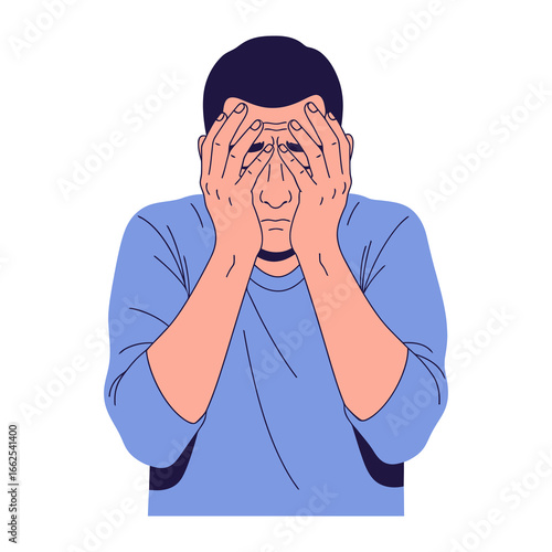 Despondent Reflection: An introspective illustration portraying a figure consumed by contemplation, hands shielding their face in a moment of inward reflection, embodying introspection.