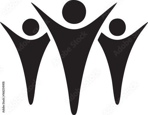 Minimalist logo of three human figures standing together with arms linked, symbol of teamwork and harmony