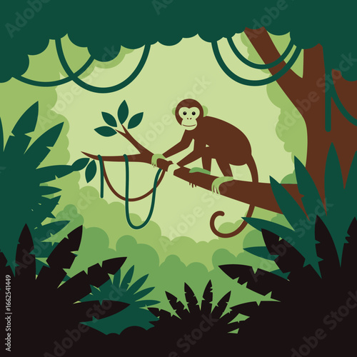 Cartoon Monkey Perched on a Tree Branch in a Lush Jungle Environment.