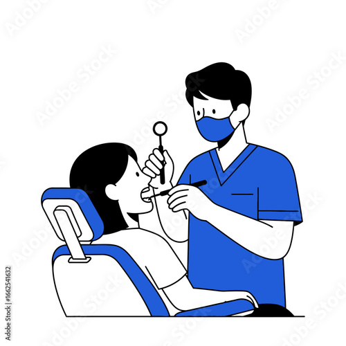 Dentist in blue scrubs and mask examining a female patients teeth in a dental chair.