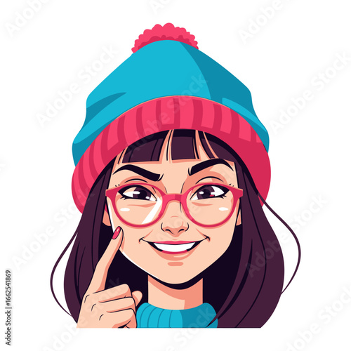 Cute Girl in Hat and Glasses: A cheerful depiction of a young woman, radiating charm as she wears a vibrant hat and stylish glasses. A celebration of unique personality and modern style.