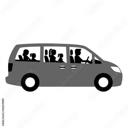 Gray minivan silhouette with family inside driving side view flat graphic illustration.