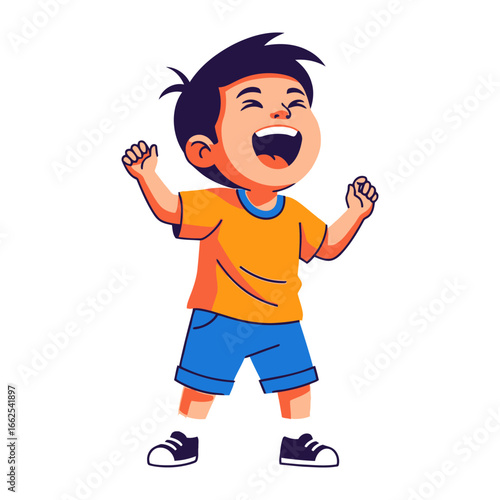 Joyful Boy's Jubilation: An illustration of a young boy, bursting with unrestrained happiness, arms raised in a triumphant gesture of sheer bliss. 