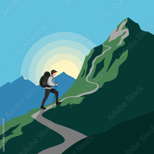 Hiker ascending a steep mountain path with backpack and trekking pole determined pose.