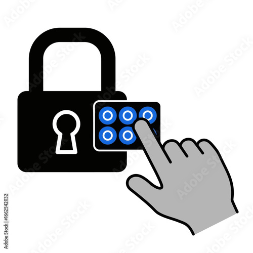 Iconic black padlock with keyhole blue digital keypad and grey hand pressing a button vector illustration.