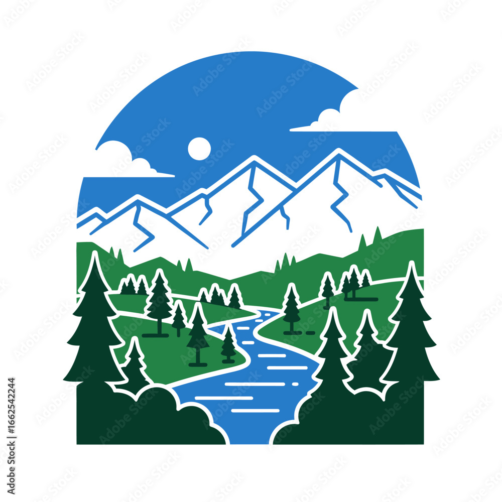 Fototapeta premium Mountain Landscape Illustration Snowy Peaks River and Evergreen Trees in a Circular Design.