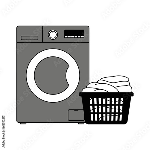 Modern Gray Washing Machine with Basket of Clean Laundry Simple Illustration.