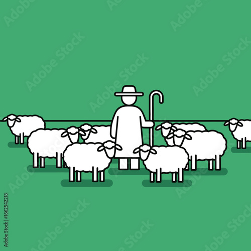 Minimalist line art illustration of a shepherd with a hat and crook tending a flock of white sheep.