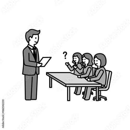 Monochrome line art of a business meeting presenter holding tablet three seated women one raising hand with question mark.