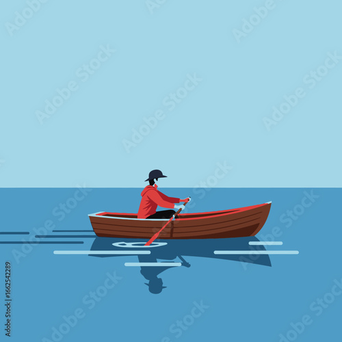 Person rowing a small wooden boat across calm blue water.