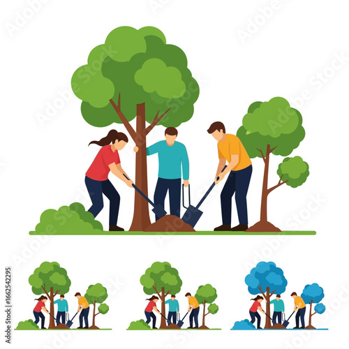 People planting trees with shovels engaging in environmental conservation efforts.