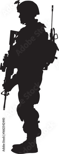 A black silhouette of a soldier standing with a rifle, wearing a helmet and uniform, against a white background.