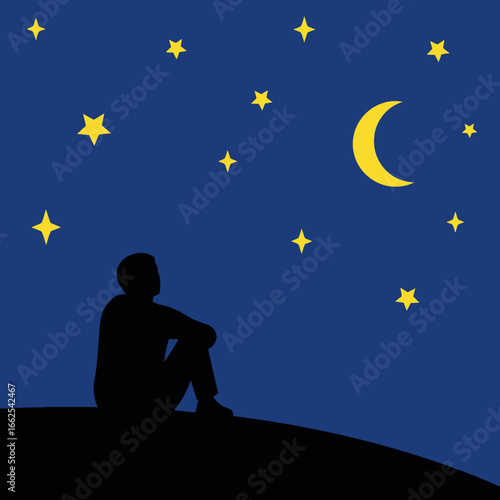 Silhouette of a person gazing at a crescent moon and twinkling stars in a dark blue night sky.