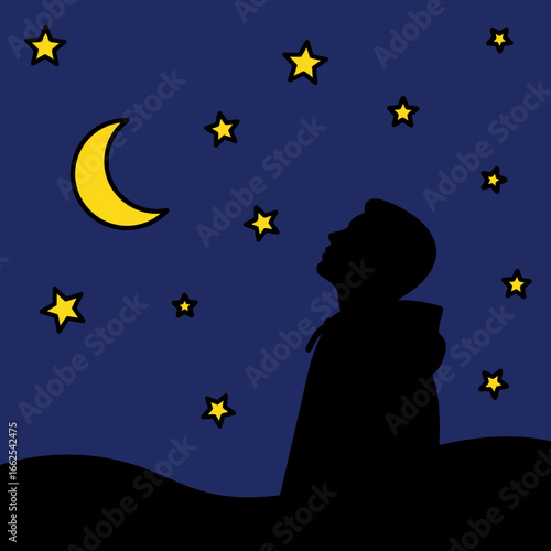 Silhouette of a Person Gazing at the Moon and Stars in the Night Sky.
