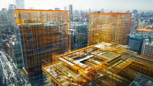 Wallpaper Mural Aerial view of a vibrant urban construction site with digital overlays showcasing architectural plans Torontodigital.ca