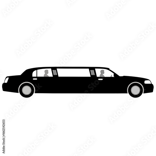 Sleek black stretch limousine with tinted windows and two passenger silhouettes side view.
