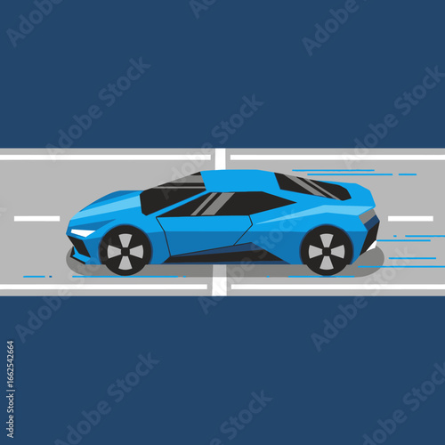 Sleek Blue Sports Car Accelerating on a Highway Lane.