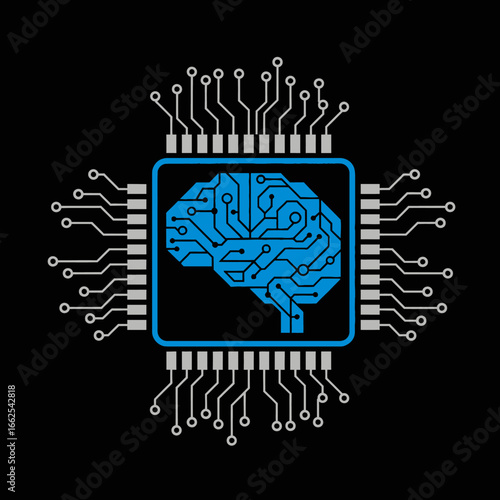 Stylized blue brain made of electronic circuits inside a square microprocessor with pins.