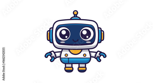An adorable blue and white cartoon robot character with big, shiny eyes and a friendly smile.