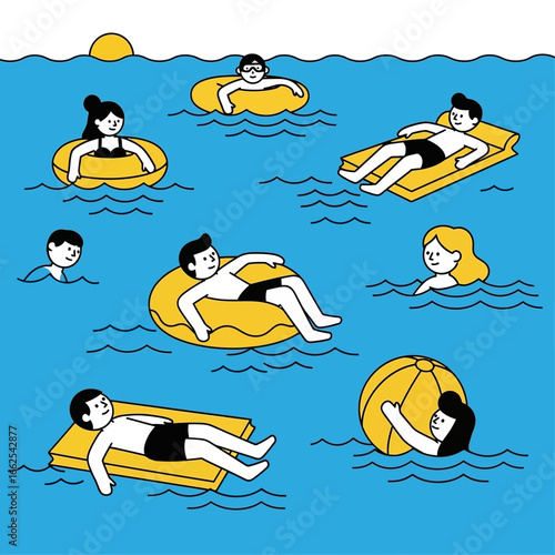 Stylized cartoon people swimming and relaxing on yellow pool floats.
