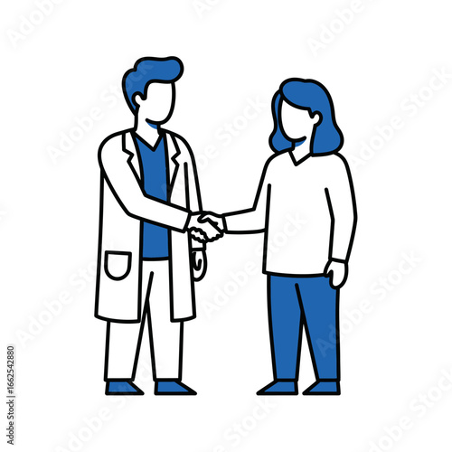 Stylized doctor and patient shaking hands blue and white line art illustration professional medical consultation.