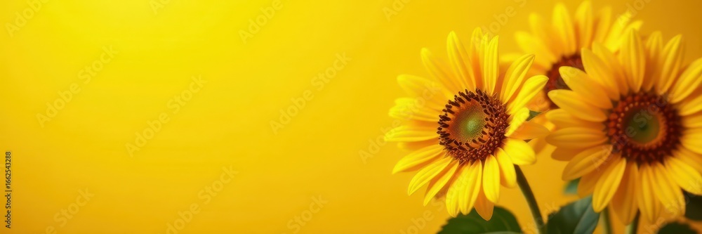 Obraz premium Close-up, beaming sunflowers, intense yellow background, macro, nature, ai generated