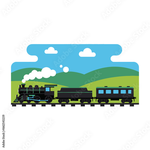 Vintage Black Steam Locomotive Pulling Freight and Passenger Cars.
