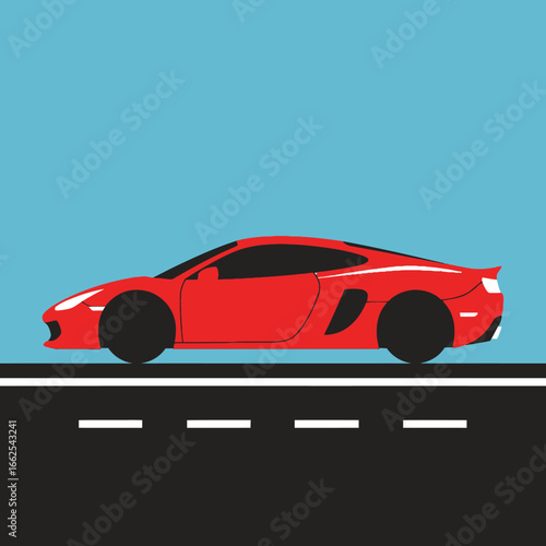 Vibrant Red Luxury Sports Car Side View in a Minimalist Flat Design Illustration.