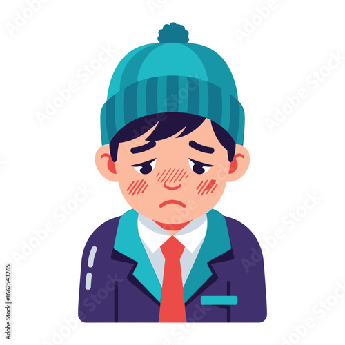 Melancholy in Winter: A melancholic figure, bundled in a winter cap, with a knitted winter cap expresses a sense of sadness.