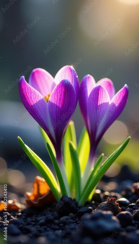 Obraz premium Delicate crocuses and hyacinths emerge, dew drops sparkle, blue, light