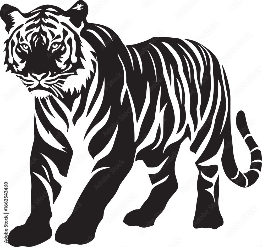 Naklejka premium A black and white illustration of a tiger with a white background.