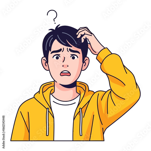 Perplexed Inquiry: An expressive illustration of a young individual in a state of contemplation, posed with a question mark overhead, personifying bewilderment, uncertainty, and intellectual puzzle.