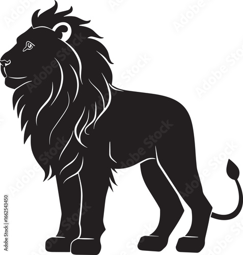 A black and white illustration of a lion standing with its head turned to the side.
