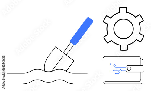 Shovel in soil, gear for processes or automation, digital wallet for finance or technology. Ideal for mining, blockchain, cryptocurrency, innovation, engineering, digital economy simple landing page