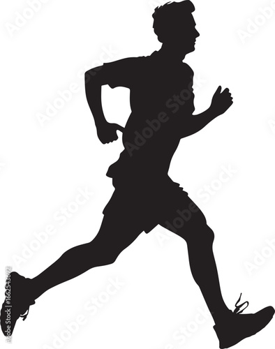 A black and white silhouette of a man running against a white background.